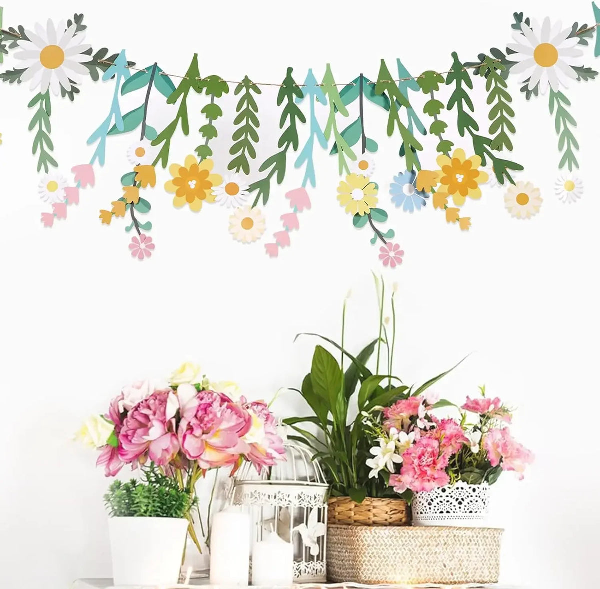 guirlande décorative florale couleurs vives camomille marguerite feuilles stylisées anniversaire enfant classe festive joyeuse