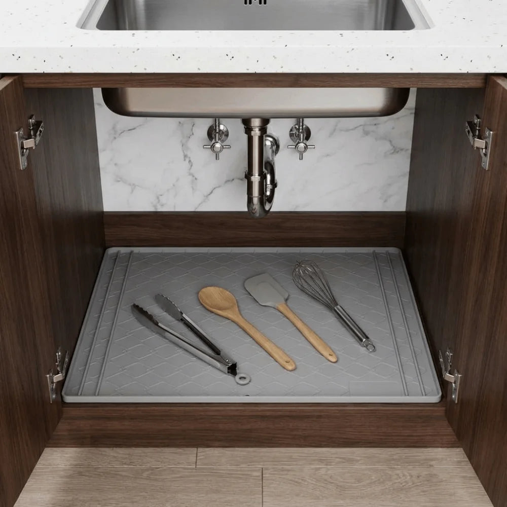 tapis cuisine imperméable anti dérapant gris texture géométrique moderne tongs cuillère spatule fouet