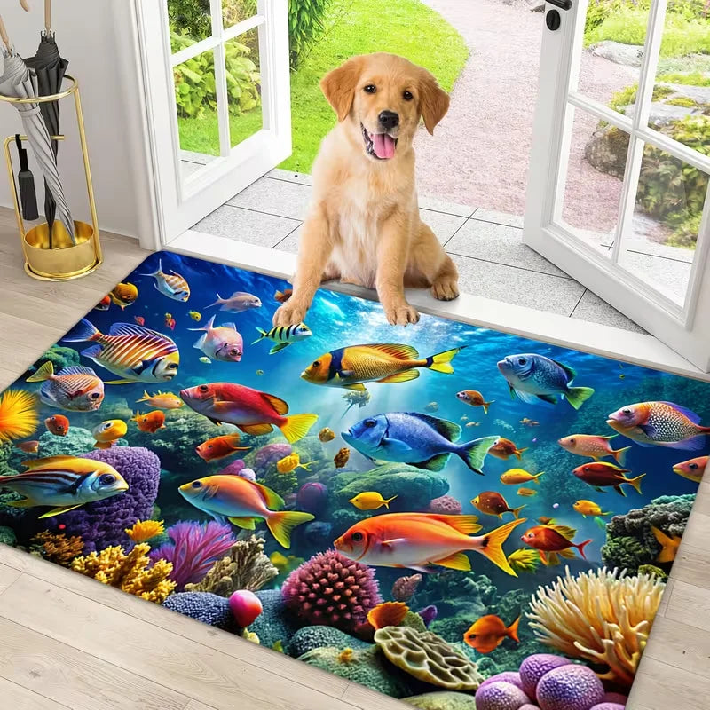 tapis sol moderne poissons sous marin coraux bleu vert orange