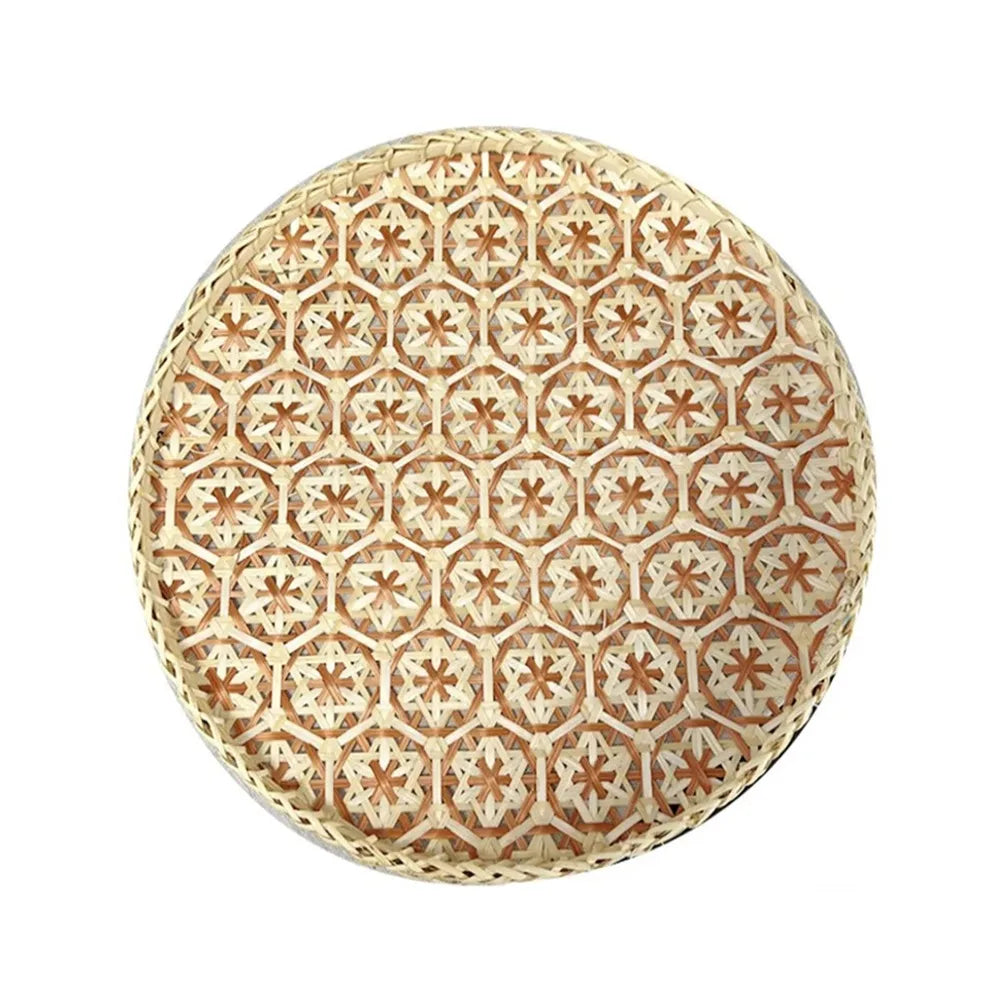 assiettes rotin naturel bleu vert marron motif géométrique tressé taille 15cm 25cm 35cm traditionnel