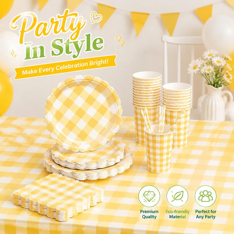 assiettes rondes serviettes gobelets guirlande fanions carreaux diagonaux anniversaire mariage bleu rose blanc