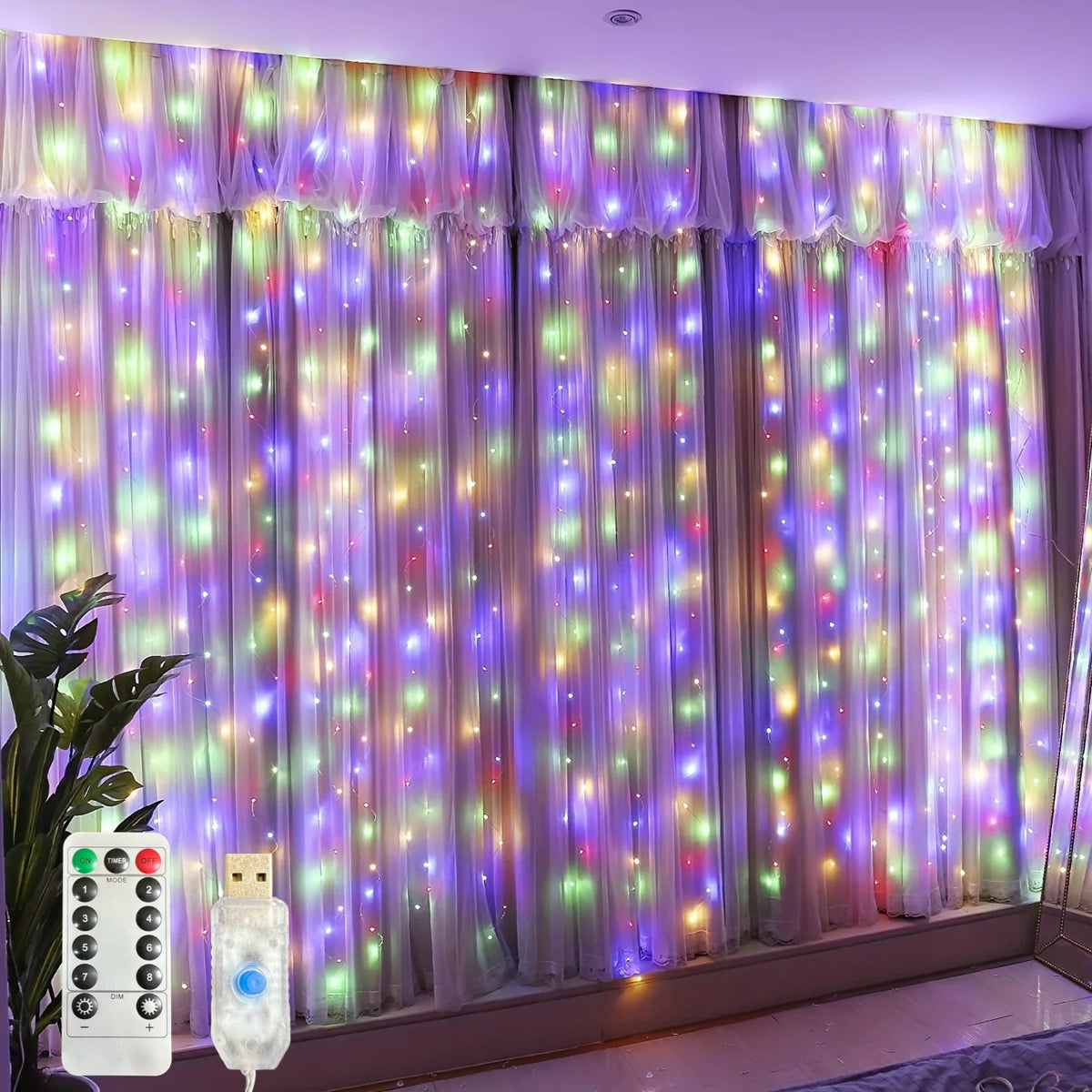 rideau lumineux led blanc jaune doré moderne télécommande câble usb noël festive