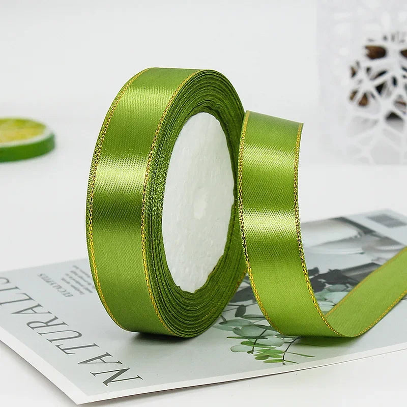 ruban satin polyester rose vert élégant 22mètres 2cm bord doré uni opaque emballage cadeau