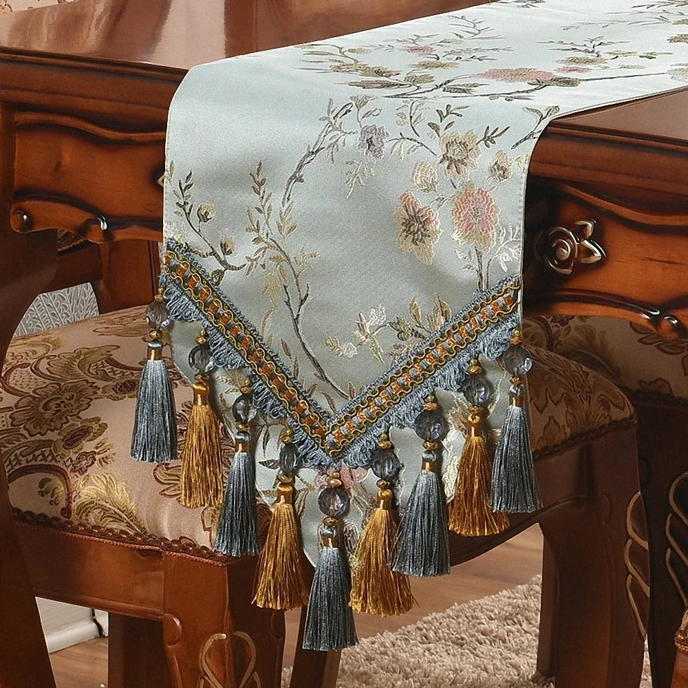 table cuisine chemin table brodé floral franges bleu clair doré gris classique polyester coton