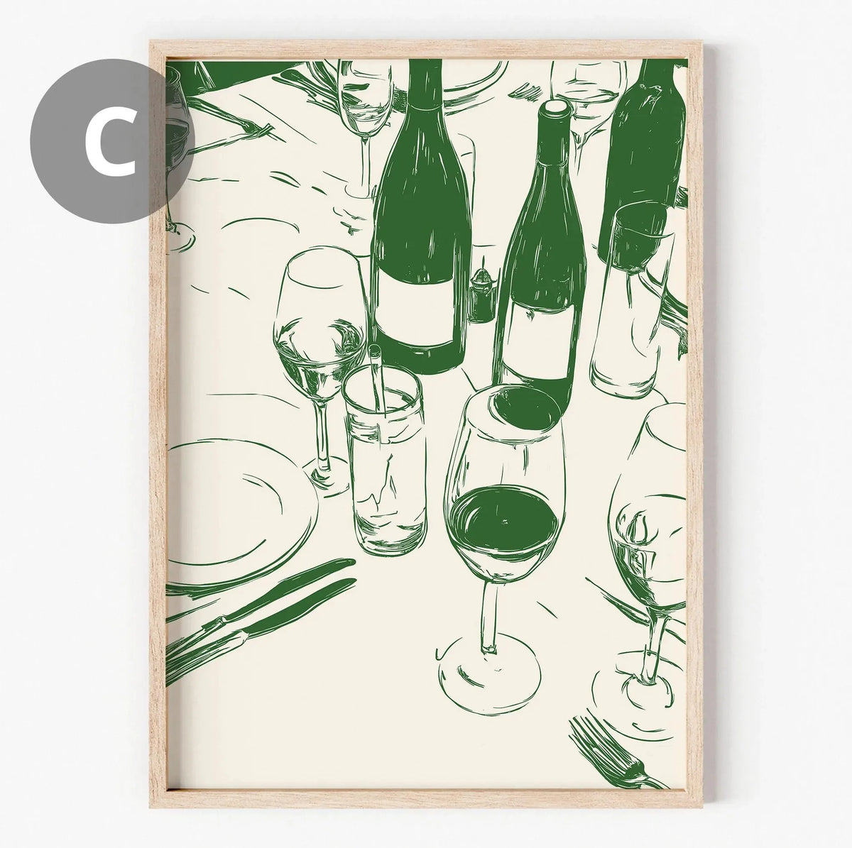 affiche art moderne toile illustration bouteilles verres assiettes chanson blanc bleu vert orange