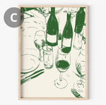 affiche art moderne toile illustration bouteilles verres assiettes chanson blanc bleu vert orange