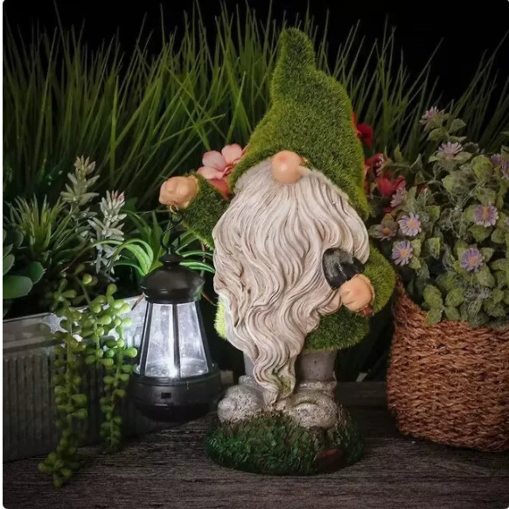 statue elfe nain résine lanterne verte barbe blanche motif ajouré lumière solaire patioextérieur