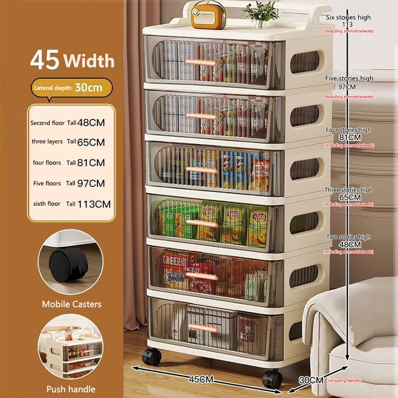 meuble rangement mobile tiroirs roulettes beige clair rayures horizontales moderne