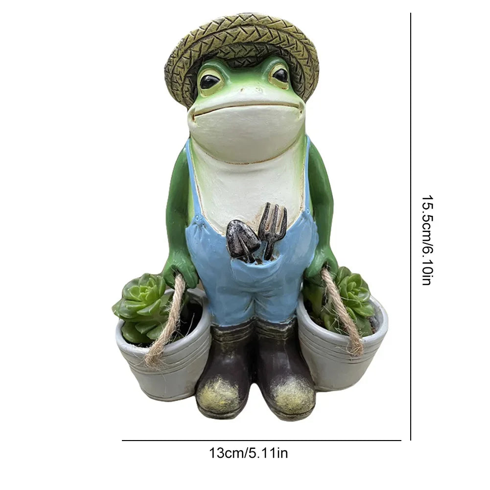 statue grenouille verte bleue jardin résine décorative pots fleurs outils pelle pioche chapeau succulentesintérieurextérieur