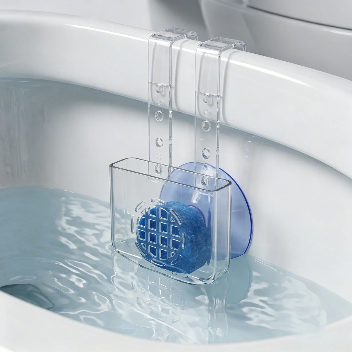support transparent moderne brosse toilette bleu perforations suction rond dimensions inclusées