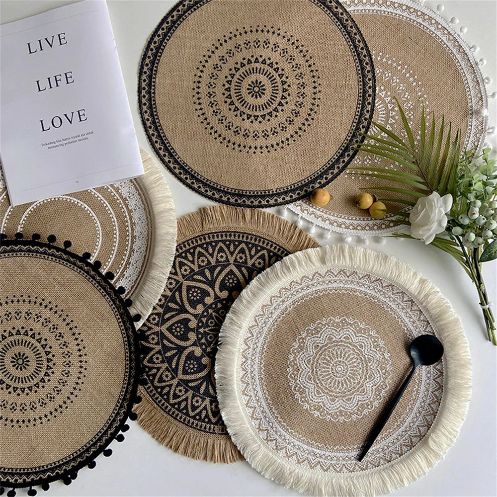 tapis table boho chic rond motif ethnique franges beige noir vintage respectueux environnement 38cm