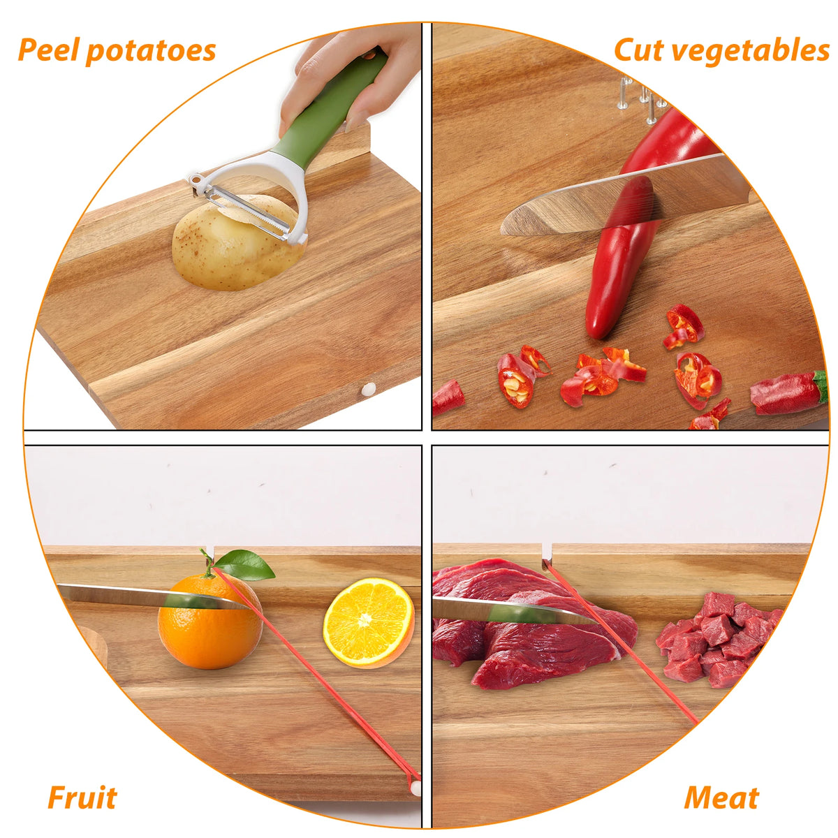 planche découper bois marron clair poignée élastiques fruits légumes adapté personnes âgées