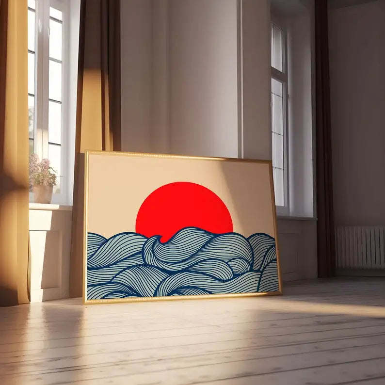 tableau moderne toile vague stylisée beige rouge bleu sans cadre impression horizontale décoration salon