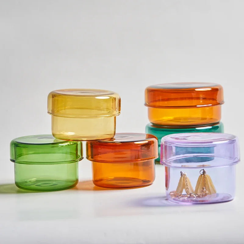 boîtes rangement verre transparentes modernes couleurs vert orange jaune rose clips papier respectueux environnement