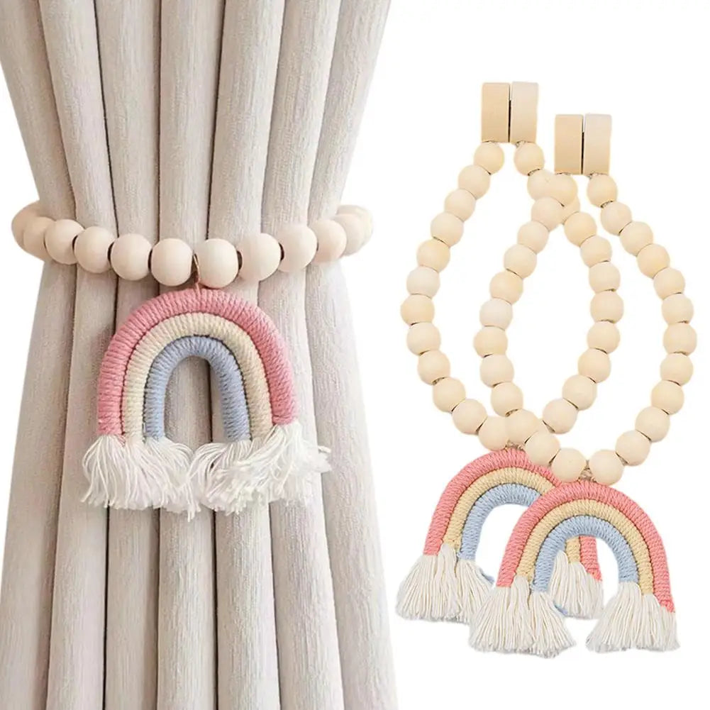 rideaux boho arc ciel franges bois blanc rose bleu clair anneaux
