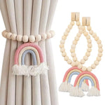 rideaux boho arc ciel franges bois blanc rose bleu clair anneaux
