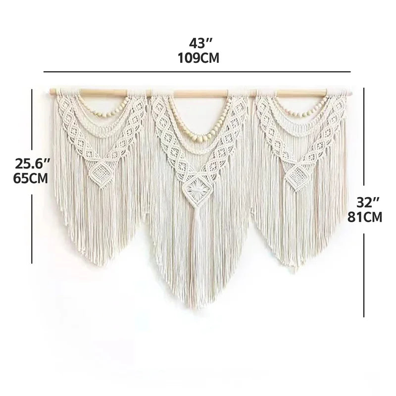 tapisserie macramé coton ovale motifs géométriques franges bohème bois opaque
