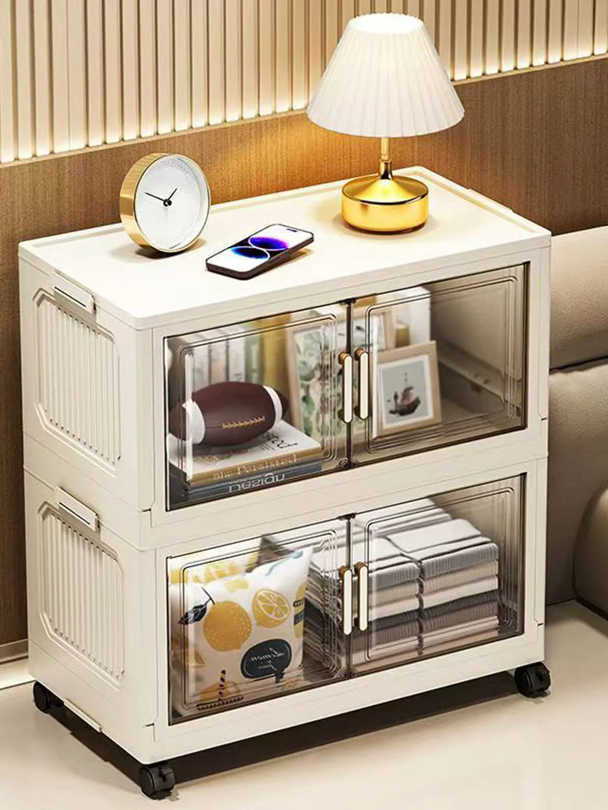 meuble rangement modulable blanc roulettes portes transparentes rayures verticales modernes