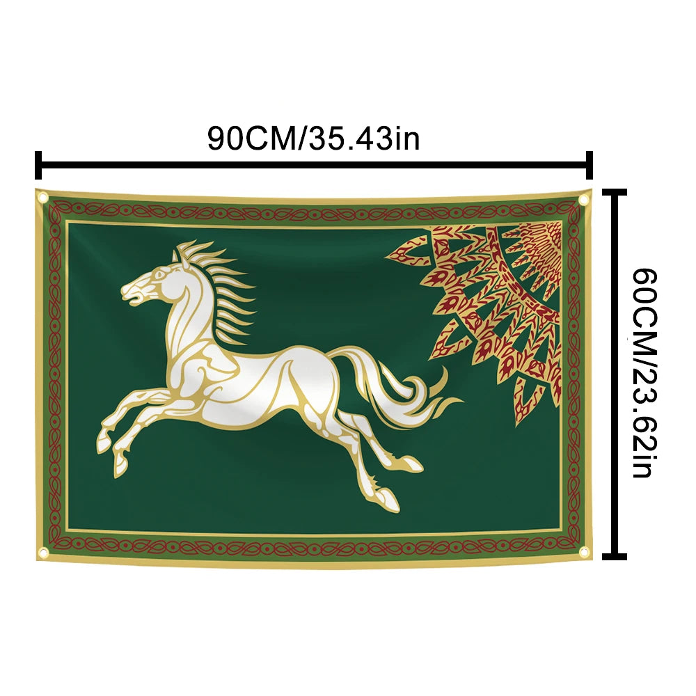 tapisserie artisanale vert foncé cheval galopant feuilles stylisées dorés décoration intérieure traditionnelle