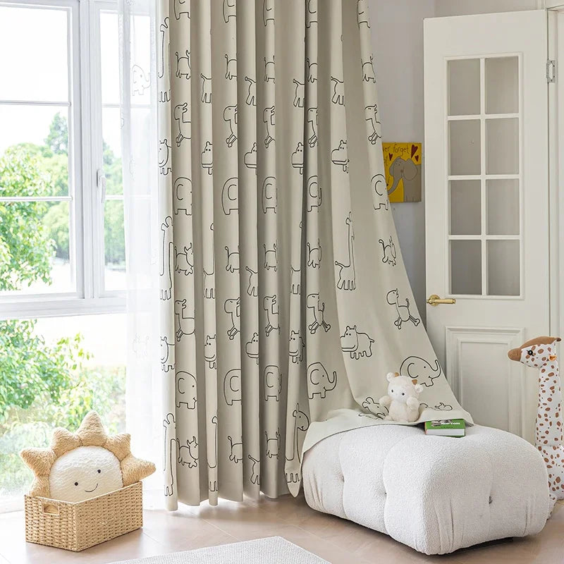 rideau moderne dessins animaux enfants translucide polyester beige anneaux métalliques chambre fille garçon