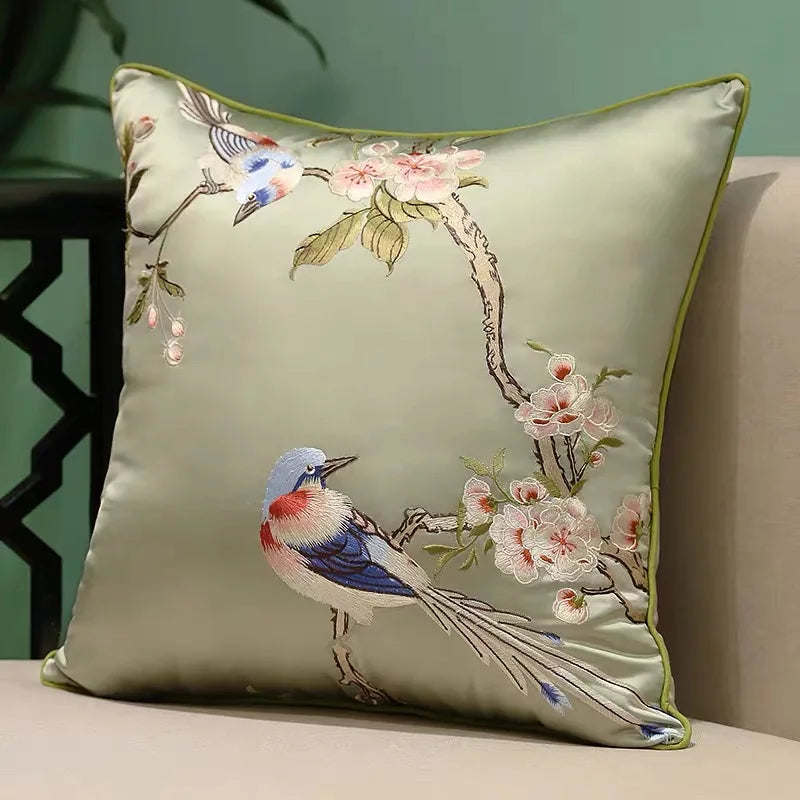 taie d'oreiller brodée oiseau pavillon fleurs 45x45cm polyester bleu clair rouge beige decorative sofa