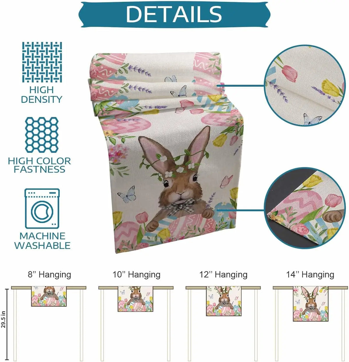 L'image montre un sac d'ornements décoratifs muraux avec des motifs floraux et un lapin mignon. Les détails indiquent que ce produit est de haute qualité, machine lavable et disponible en différentes tailles.