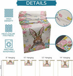 L'image montre un sac d'ornements décoratifs muraux avec des motifs floraux et un lapin mignon. Les détails indiquent que ce produit est de haute qualité, machine lavable et disponible en différentes tailles.