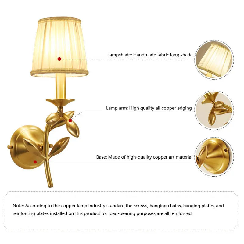 lampe murale moderne or feuilles dorées ombrelle beige fixée mur américain cuivre flux lumineux