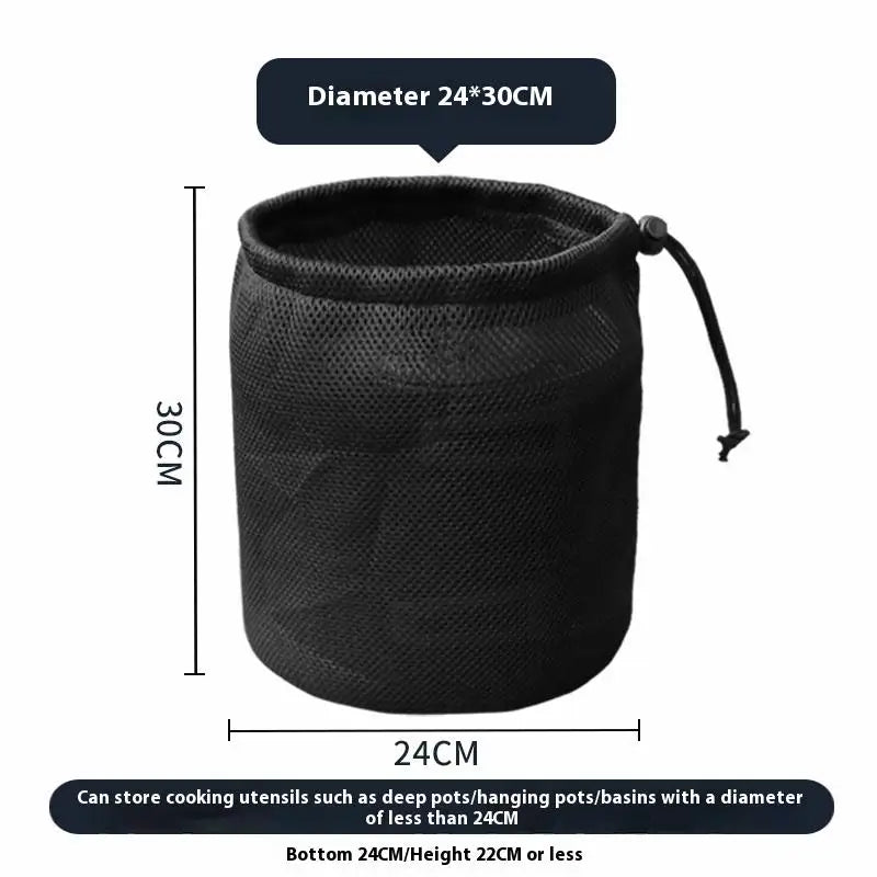 sac cordons noir maille pratique rangement camping cuisine pique nique barbecue vaisselle portatif organizer