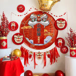 décoration murale mariage anniversaire fête rouge lion floral nuages papier fan rubans ballons dorés
