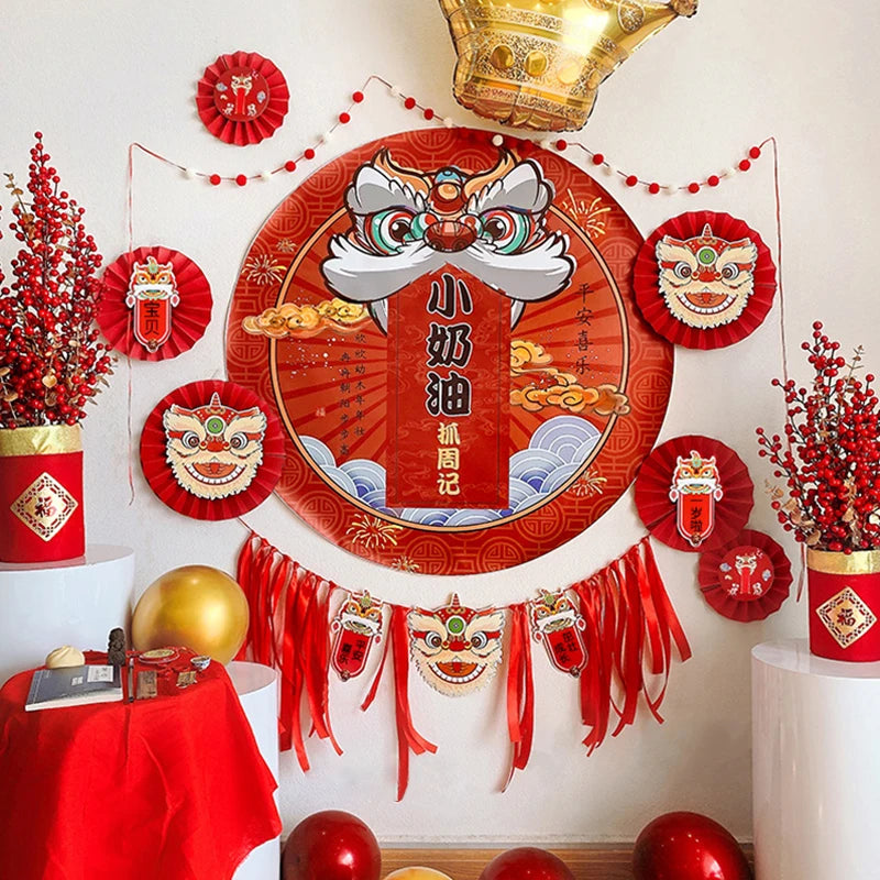 décoration murale mariage anniversaire fête rouge lion floral nuages papier fan rubans ballons dorés