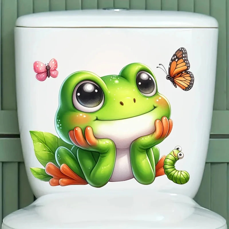 autocollant mural grenouille papillons feuilles dessin animé vert blanc orange rose noir