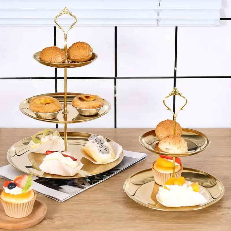 Support présentation desserts niveaux or élégant poignée couronne plateau lisse inoxydable