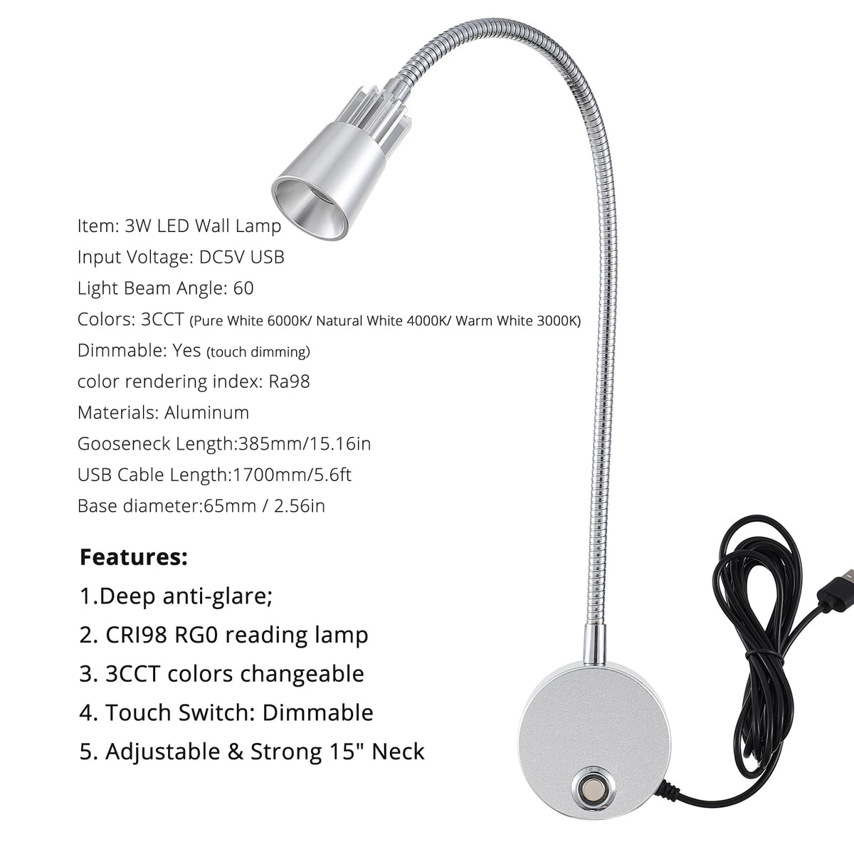 lampe murale led gooseneck réglable argentée moderne interrupteur tactile usb