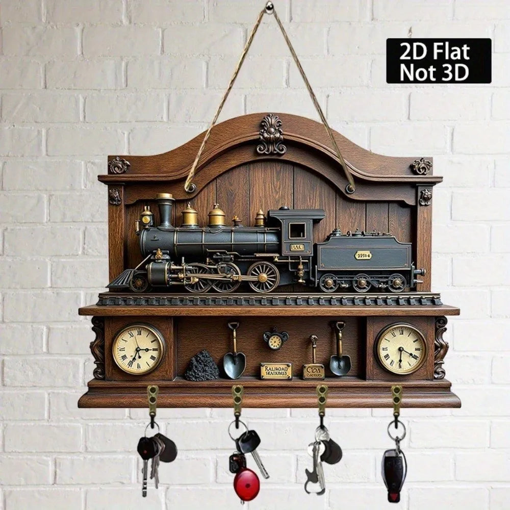 horloge murale vintage bois clair miniature train plaques metalliques retro