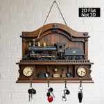 horloge murale vintage bois clair miniature train plaques metalliques retro