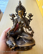 statue divinité bouddhiste bronze 15cm décoration florale motifs gravés base ornée traditionnel tibétain