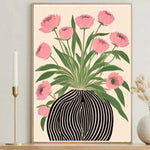 tableau moderne toile fleurs roses feuilles vertes vase rayé noir blanc minimaliste