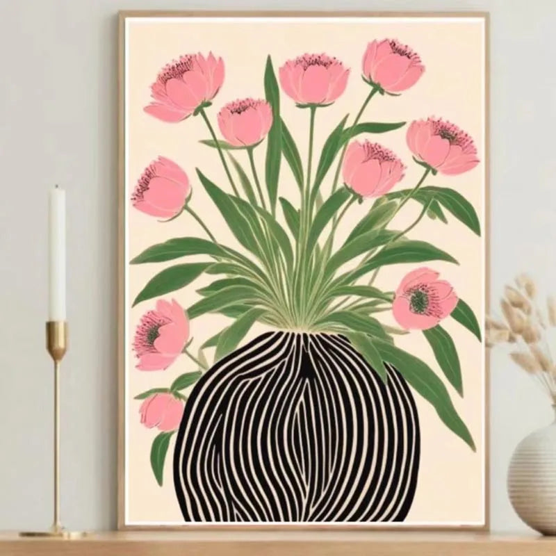 tableau moderne toile fleurs roses feuilles vertes vase rayé noir blanc minimaliste