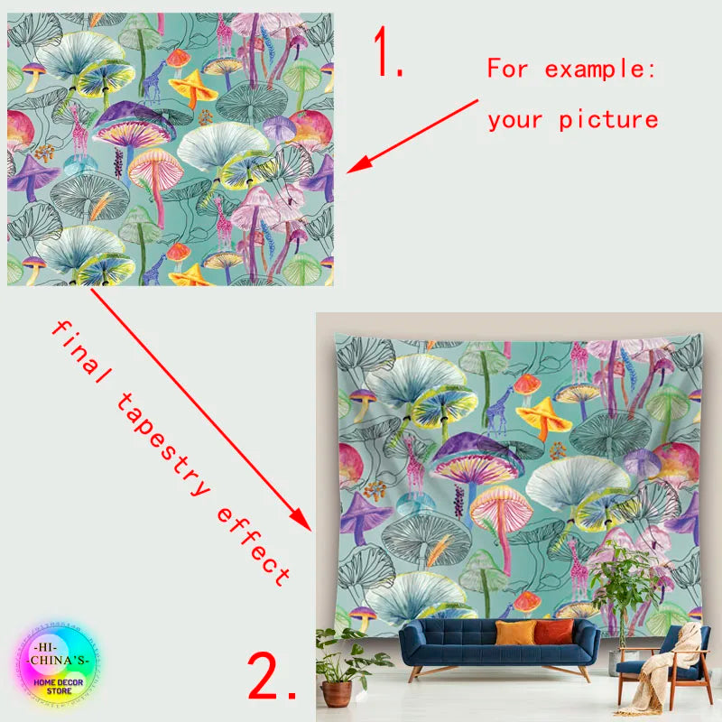 tapisserie mandala champignons blancs moderne décoration intérieure bohème sorcellerie haute définition polyester rectangle