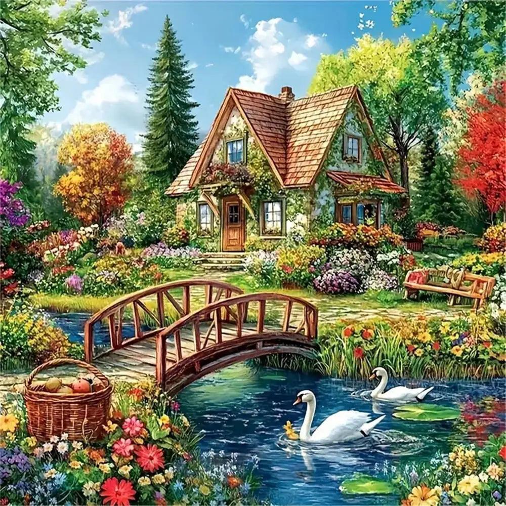tableau diamant paysage montagne rivière multicolore maison pont fleurs cygnes outils adhésif DIY decoration