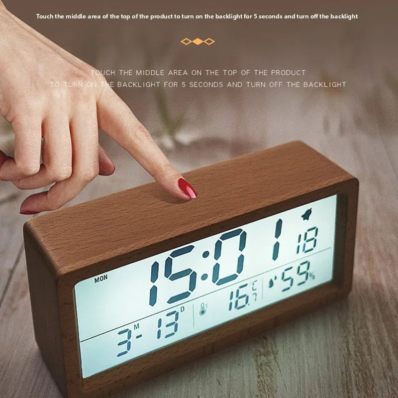 horloge numérique bois naturel minimaliste affichage heure date température humidité vert clair moderne