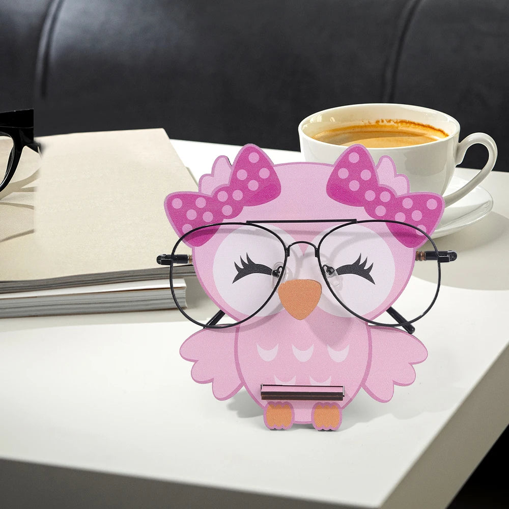présentoir lunettes forme chouette kawaii rose marron bois décoratif maison plumes nœuds mignon