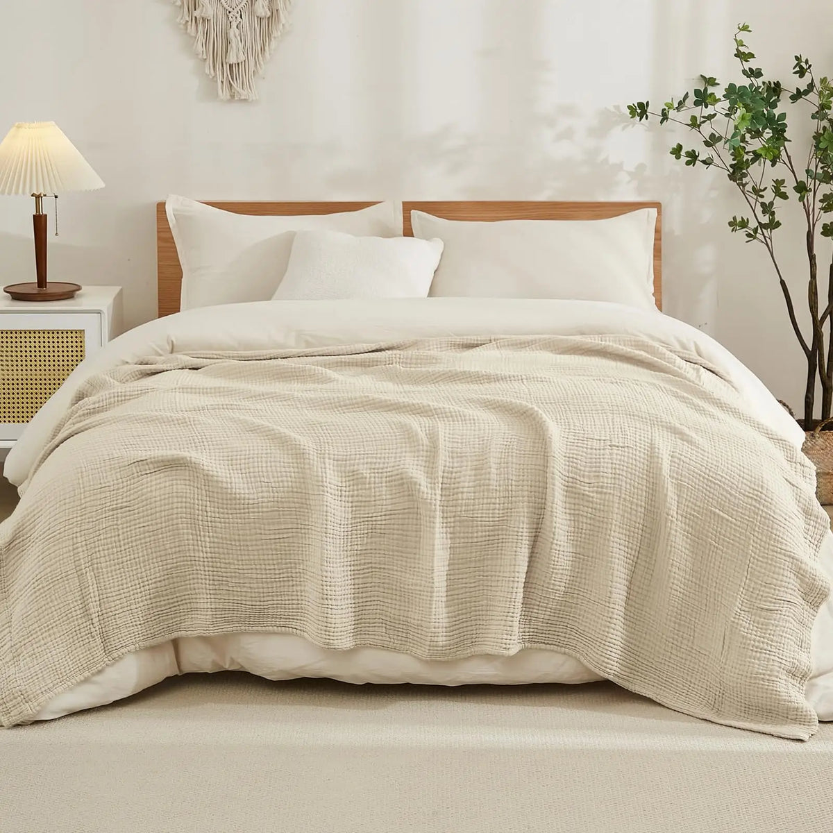 couverture coton mousseline légère motif géométrique beige vert clair lit voyage maison toutes saisons