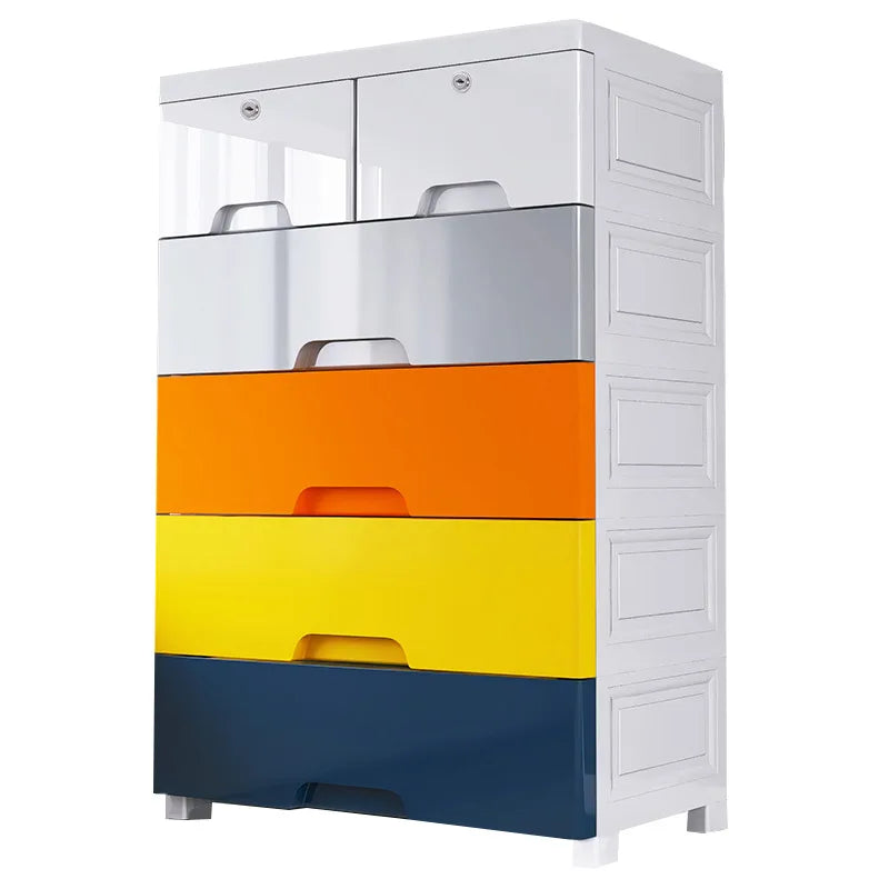 meuble tiroirs blanc rayures horizontales moderne poignées tiroirs orange jaune bleu marine