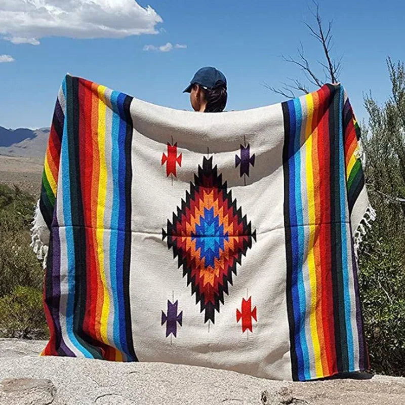 tapis multicolore aztèque triangles losanges franges ethnique portable pique nique voyage maison