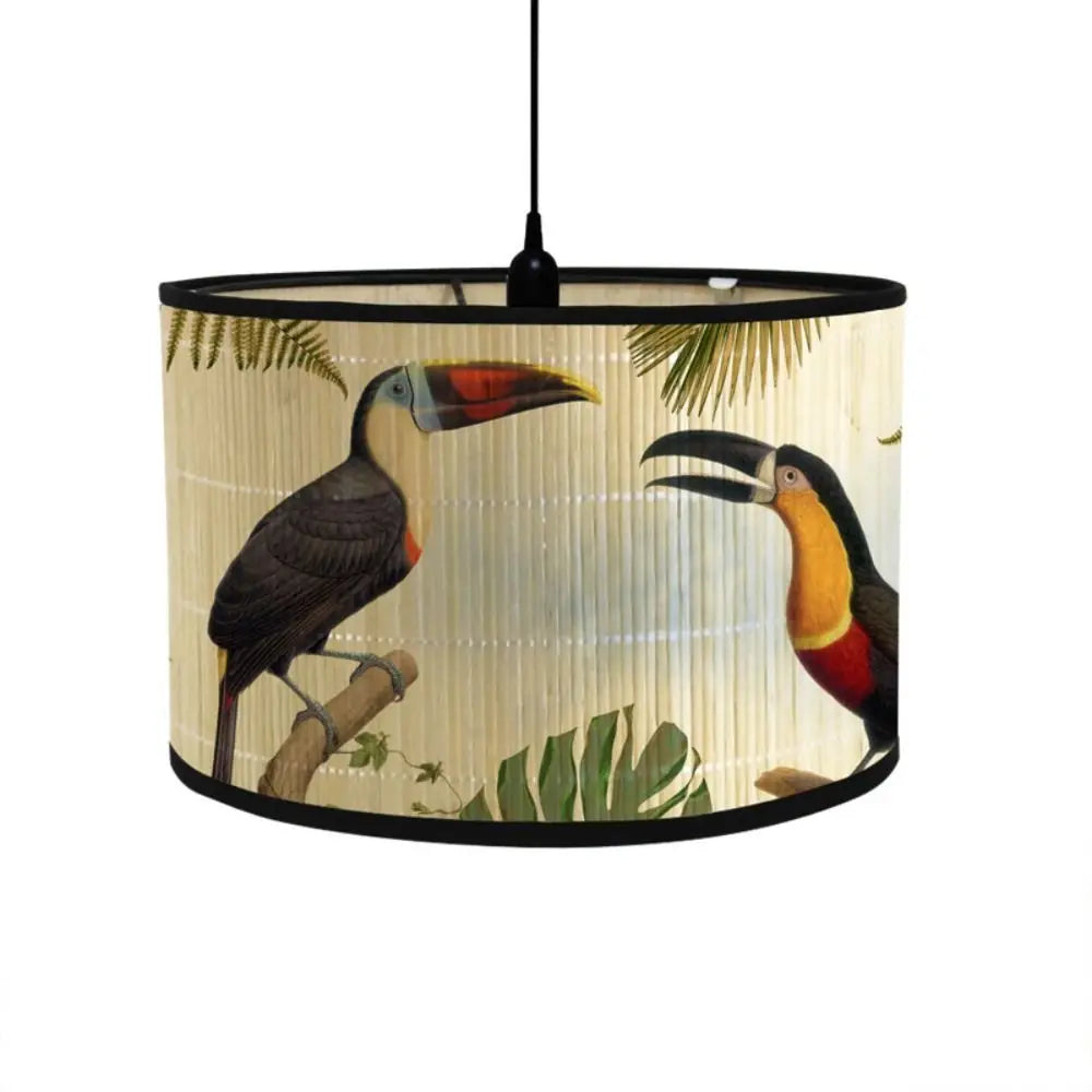abat jour vintage imprimé tropical oiseaux plantes suspension couleur beige noir vert rouge jaune