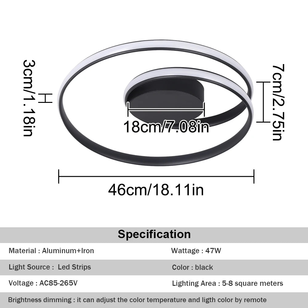 plafonnier led moderne noir blanc doré anneaux concentriques opacité télécommande flux lumineux interrupteur bouton