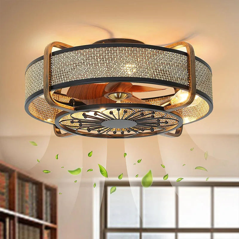 ventilateur moderne noir doré tissu floral led vitesses reversible télécommande