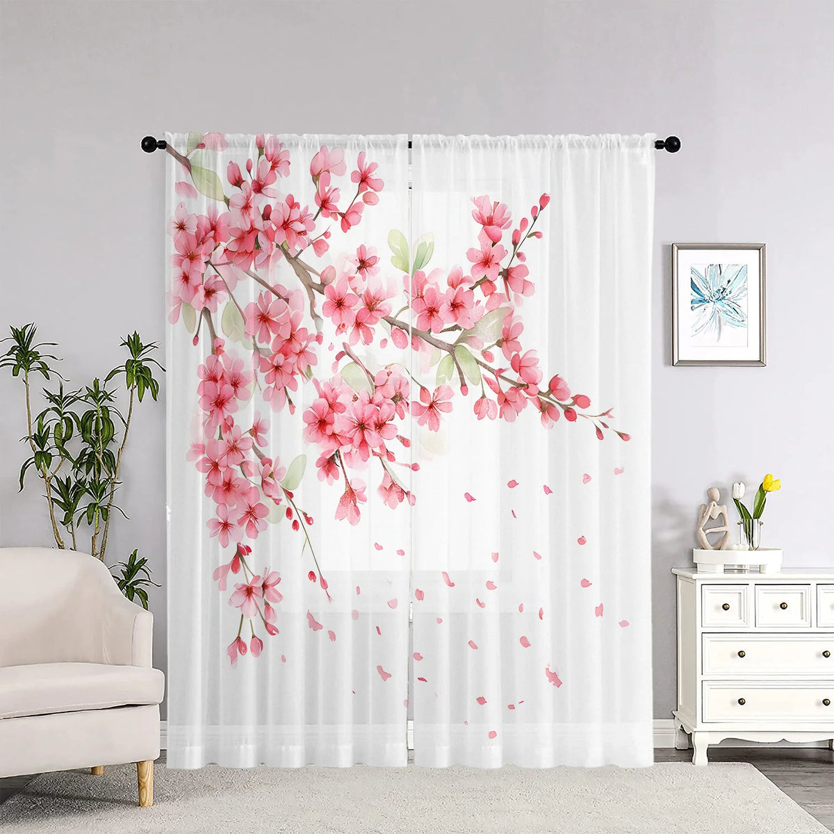 rideau moderne fleurs cerisier transparent blanc rose vert polyester chambre salon